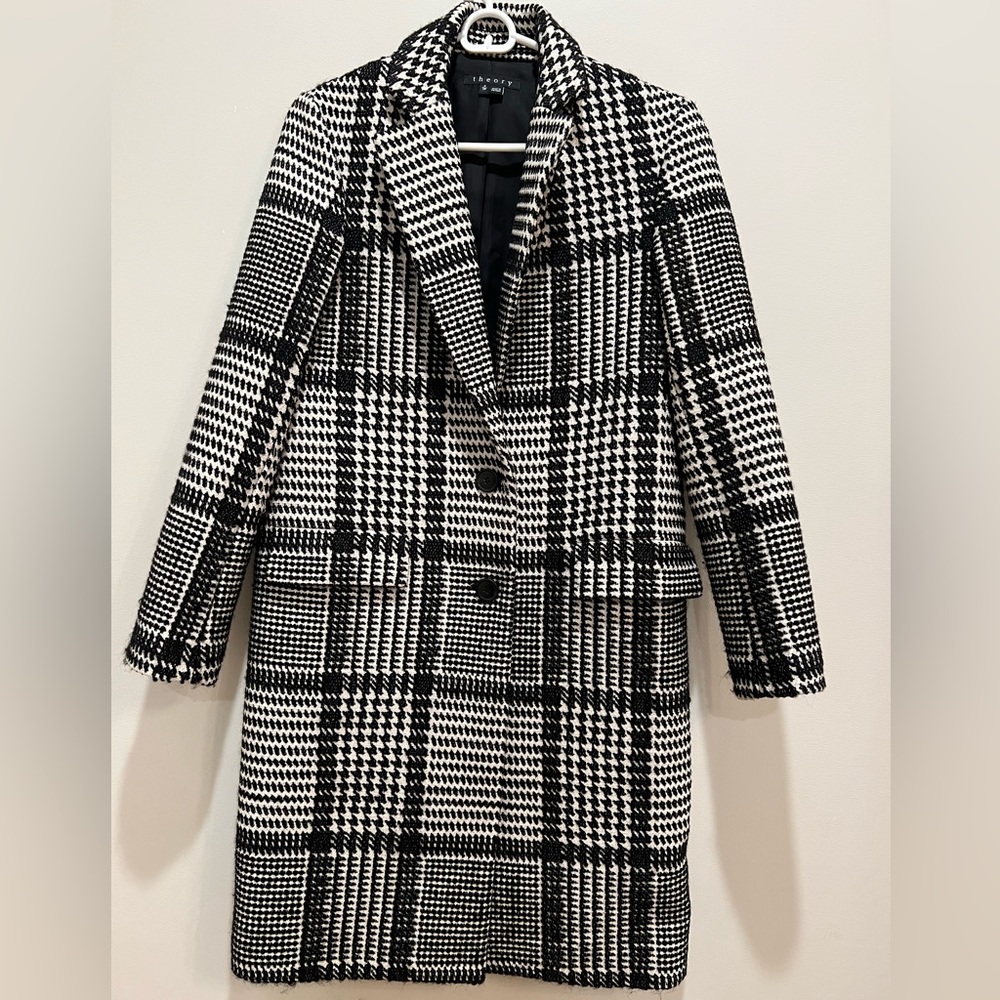 Theory coat houndstooth plaid black and ivory
